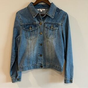 Say What? Embroidered Boho Denim Jacket Floral Blue and White Embroidered Sz S